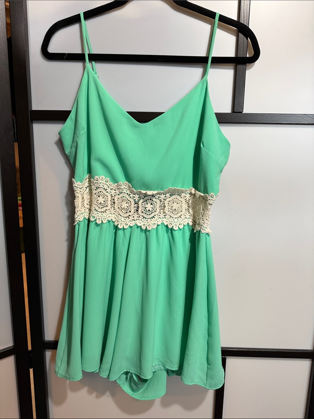 Sage Mint Green Spaghetti Strap Romper with Ivory Crochet Waist